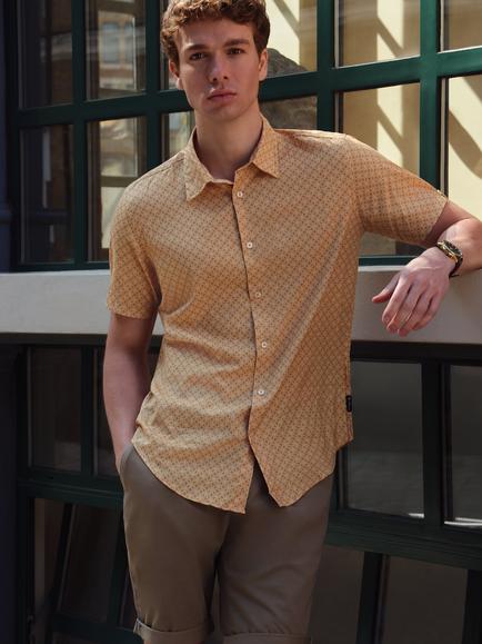 Ben Sherman Linear Geo Short Sleeve Cotton Blend Shirt, New Gold, New Gold