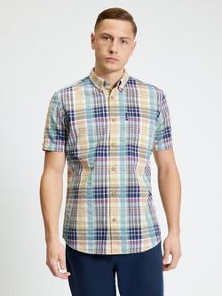 Ben Sherman Short Sleeve Check Seersucker Cotton Shirt, Aqua, Aqua