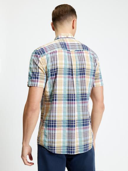 Ben Sherman Short Sleeve Check Seersucker Cotton Shirt, Aqua - view 2, Aqua