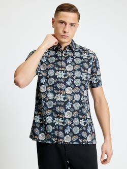 Ben Sherman Short Sleeve Watercolour Floral Print Cotton Shirt, Black/Multi, Black/Multi