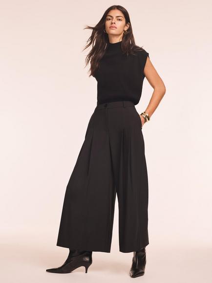 Mint Velvet Pleat Cropped Wide Leg Trousers, Black, Black