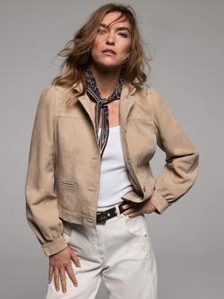 Mint Velvet Puff Sleeve Pure Suede Jacket, Brown Tan - view 2, Brown Tan