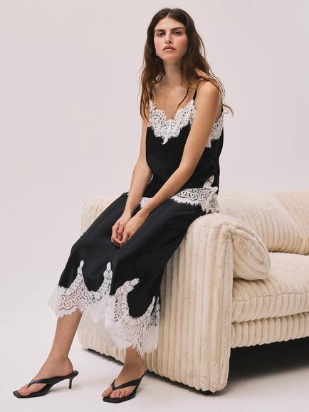Mint Velvet Satin Lace Midi Skirt, Black - view 2, Black