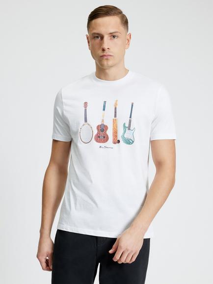 Ben Sherman Jumble Guitars Crew Neck Cotton T-Shirt, White, White