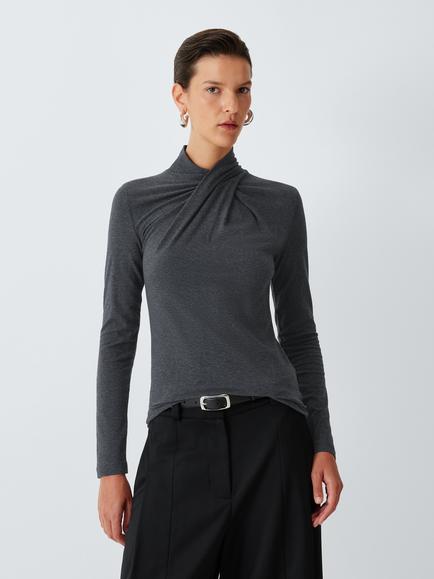 John Lewis Drape High Neck Cotton Blend Top, Grey Marl, Grey Marl