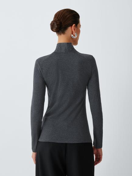 John Lewis Drape High Neck Cotton Blend Top, Grey Marl - view 2, Grey Marl