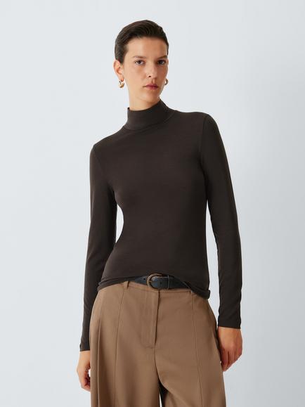 John Lewis Roll Neck Jersey Top, Chocolate
