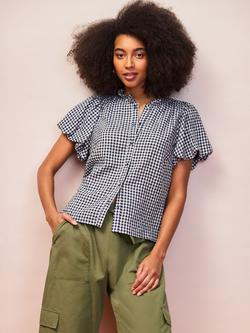 Ro&Zo Gingham Puff Sleeve Shirt, Navy/White - view 2, Navy/White