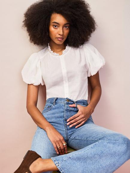 Ro&Zo Dobby Puff Sleeve Shirt, White, White