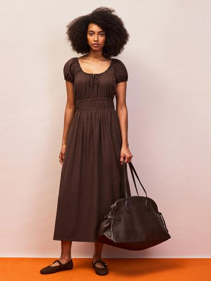 Ro&Zo Petite Gathered Neck Voile Midi Dress, Brown, Brown