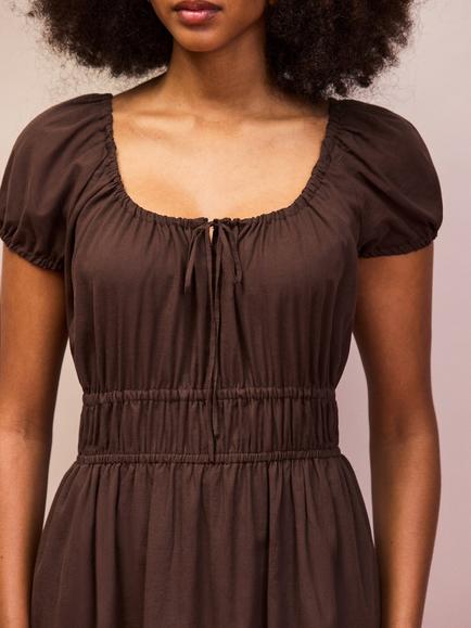 Ro&Zo Petite Gathered Neck Voile Midi Dress, Brown - view 2, Brown