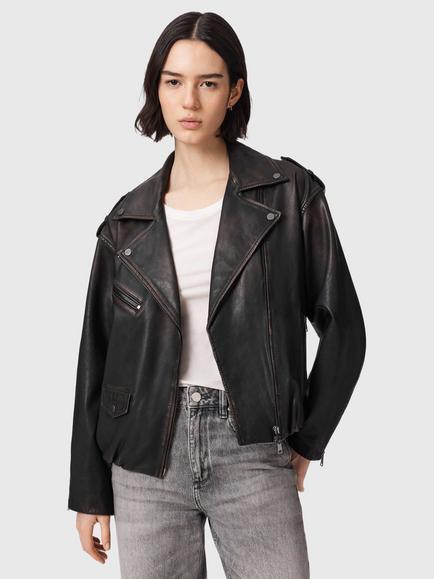 AllSaints Samina Leather Biker Jacket, Black/Brown, Black/Brown