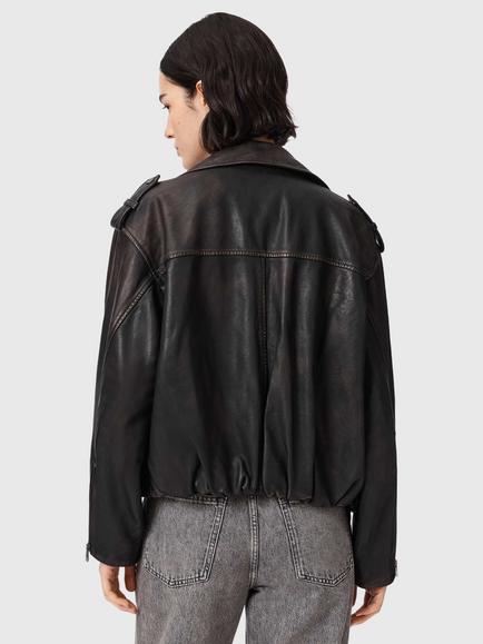 AllSaints Samina Leather Biker Jacket, Black/Brown - view 2, Black/Brown