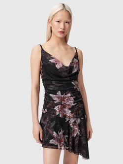 AllSaints Bea Floral Mesh Mini Dress, Crystal Black, Crystal Black