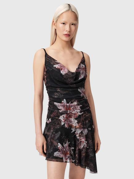 AllSaints Bea Floral Mesh Mini Dress, Crystal Black, Crystal Black