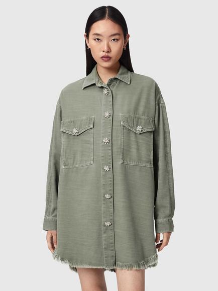 AllSaints Hettie Shacket Mini Dress, Green, Green