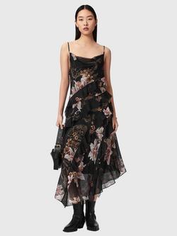 AllSaints Ruth Floral Ruffle Asymmetric Dress containing LENZING™ ECOVERO™ Viscose, Crystal Black, Crystal Black
