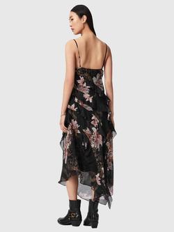 AllSaints Ruth Floral Ruffle Asymmetric Dress containing LENZING™ ECOVERO™ Viscose, Crystal Black - view 2, Crystal Black
