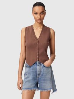 AllSaints Cruz Rib Knit Waistcoat containing LENZING™ ECOVERO™ Viscose, Brown Mid, Brown Mid