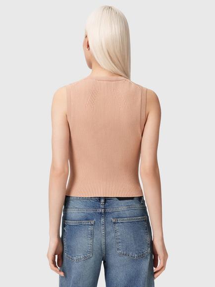 AllSaints Cruz Rib Knit Waistcoat containing LENZING™ ECOVERO™ Viscose, Pink Mid - view 2, Pink Mid