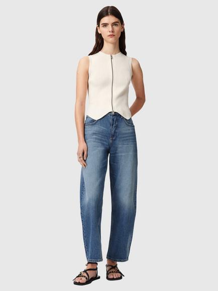 AllSaints Cruz Zip Rib Knit Top containing LENZING™ ECOVERO™ Viscose, White Natural, White Natural
