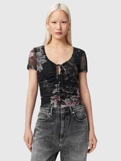 AllSaints Gabby Floral Mesh Top, Crystal Black, Crystal Black