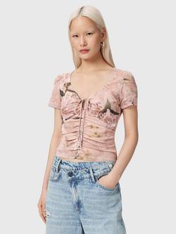 AllSaints Gabby Floral Mesh Top, Crystal Black, Crystal Pink