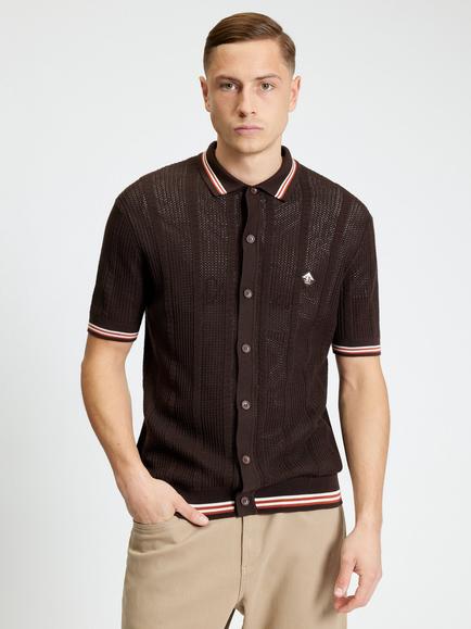 Ben Sherman Cotton Open Texture Short Sleeve Button Through Shirt, Coffee, Coffee