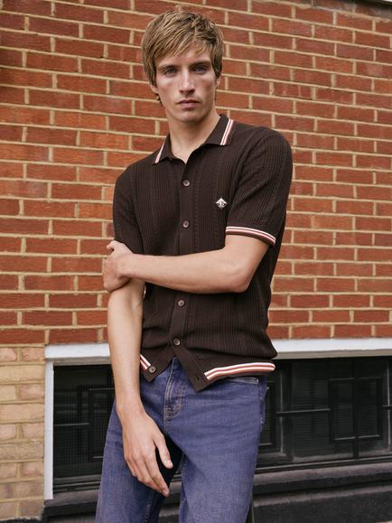 Ben Sherman Cotton Open Texture Short Sleeve Button Through Shirt, Coffee - view 2, Coffee