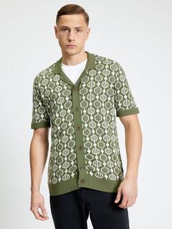 Ben Sherman Cotton Regular Fit Knitted Jacquard Shirt, Olive/White, Olive/White