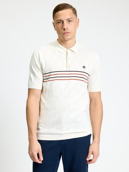 Ben Sherman Cotton Regular Fit Short Sleeve Diamond Textured Polo Shirt, Ivory/Multi, Ivory/Multi