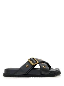 AllSaints Suki Western Leather Slider Sandals, Black, Black