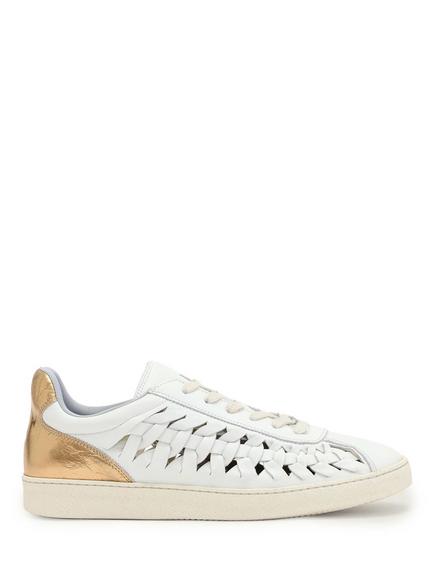 AllSaints Velma Woven Leather Lace Up Trainers, Chalk White/Gold