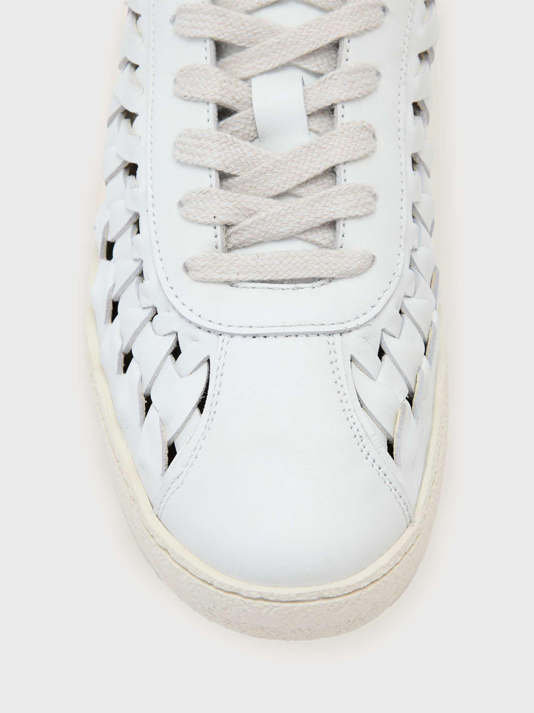 AllSaints Velma Woven Leather Lace Up Trainers, Chalk White/Gold