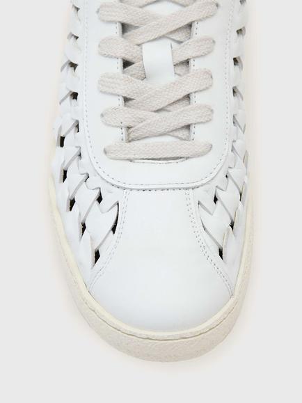 AllSaints Velma Woven Leather Lace Up Trainers - view 2, Chalk White/Gold