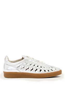 AllSaints Velma Woven Leather Lace Up Trainers, Silver Shine