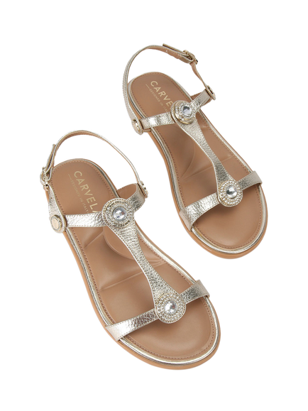 Carvela Amalia Wide Fit Leather Embellished Slingback Footbed Sandals, Gold - view 2, Gold
