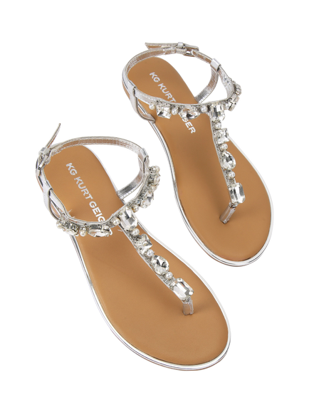 KG Kurt Geiger Ruby Leather Embellished Toe Post Sandals, Silver - view 2, Silver