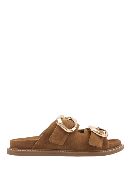 KG Kurt Geiger River Microsuede Buckle Detail Footbed Sandals, Brown Camel