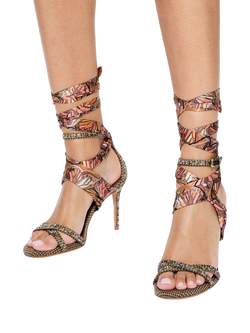 Kurt Geiger London Scarf Wrap Stiletto Heel Sandals, Brown/Multi - view 2, Brown/Multi