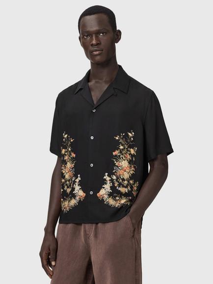 AllSaints Parsons Floral Panel Short Sleeve Shirt, Jet Black, Jet Black