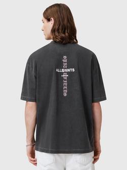 AllSaints Knox Cotton Loose Fit Short Sleeve Embroidered T-Shirt, Washed Black - view 2, Washed Black