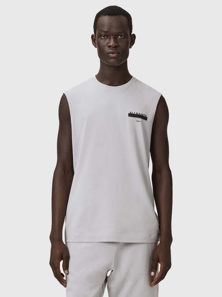 AllSaints Redacted Logo Sleeveless Cotton Top, Pebble Grey, Pebble Grey