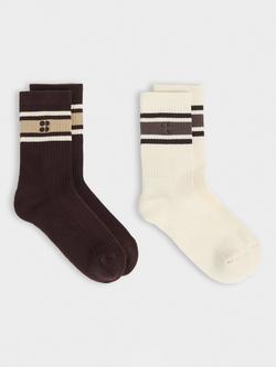 Sweaty Betty Lifestyle Varsity Ribbed Socks, Pack of 2, Sable Brown/Beige, Sable Brown/Beige
