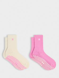 Sweaty Betty Pilates Crew Gripper Socks, Pack of 2, Pink/Cream, Pink/Cream