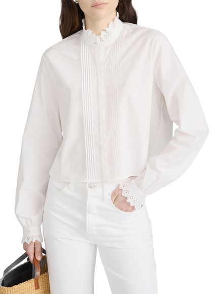 FRAME Keepsake Lace Trim Pintuck Cotton Blouse, White, White