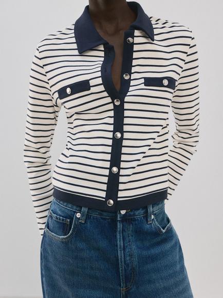Mango Pocket Detail Stripe Cardigan, Navy, Navy