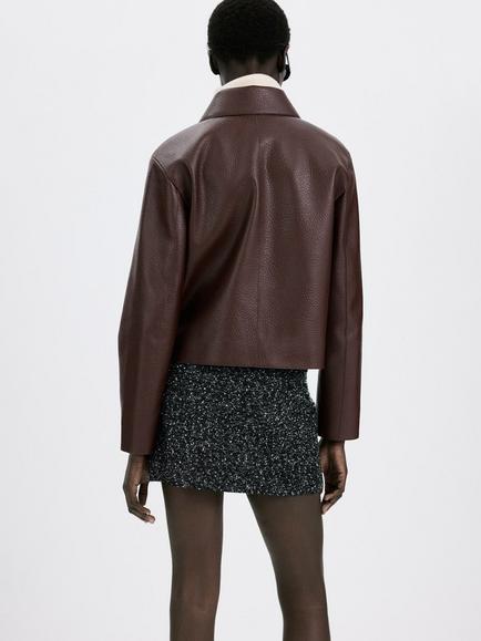 Mango Sculpted Cropped Faux Leather Jacket, Garnet - view 2, Garnet