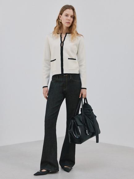 Mango Colour Contrast Ribbed Cardigan, Raw, Raw