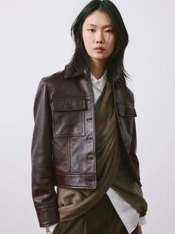 Mango Cropped Pure Leather Jacket, Burgundy, Burgundy